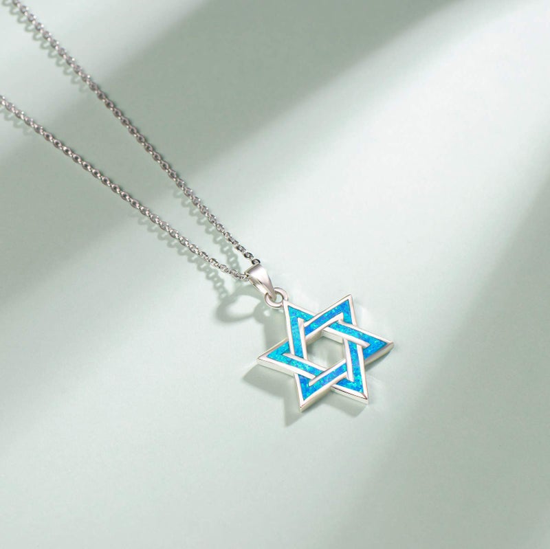 FANCIME Star of David Necklace for Women Hanukkah Gifts 925 Sterling Silver Blue Created Opal Necklace Charm Geometric Pendant Jewelry for Women - Image 4